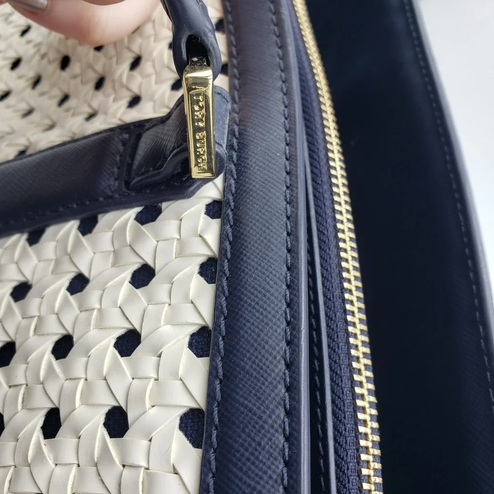 Tory Burch Robinson Basket Weave Tote Bag Woven Leather Cream Navy Blue Purse